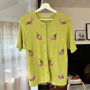 Vintage Green Knit Pink Strawberry Beaded Cardigan